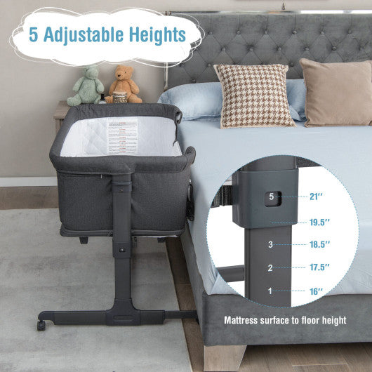 3-in-1 Foldable Baby Bedside Sleeper  with Mattress and 5 Adjustable Heights-Dark Gray