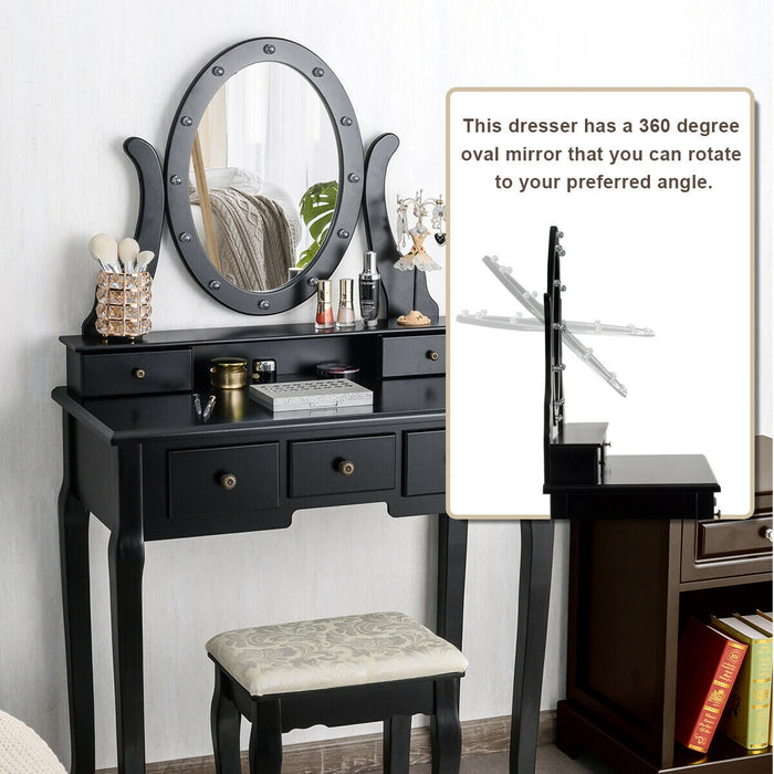 5 Drawers Vanity Table Stool Set with 12-LED Bulbs-Black