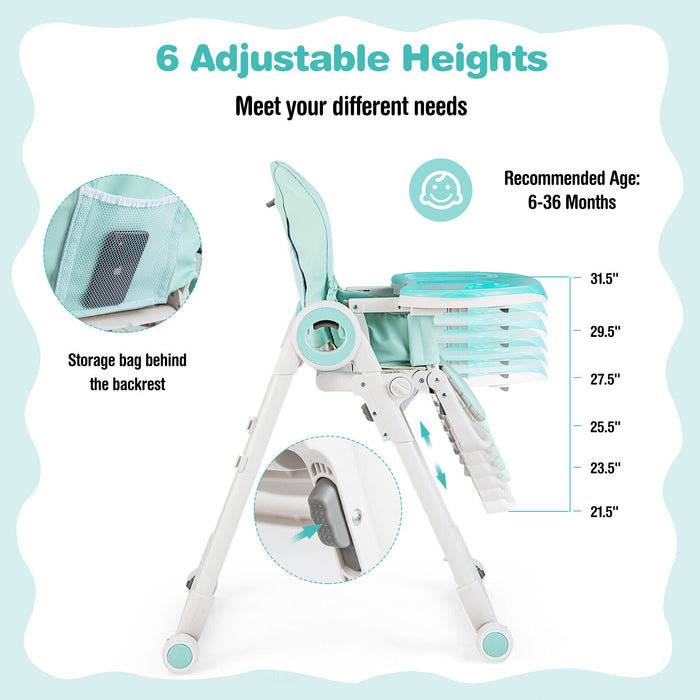 Baby High Chair Foldable Feeding Chair with 4 Lockable Wheels-Green