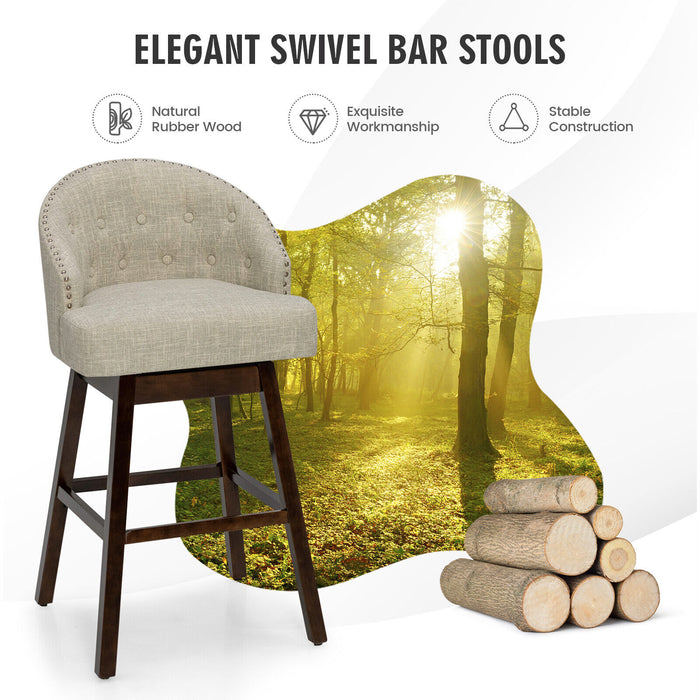 Set of 2 Swivel Bar Stools with Rubber Wood Legs and Padded Back-Beige