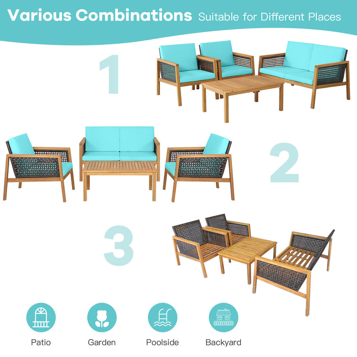 4 Pieces Patio Rattan Furniture Set with Removable Cushions-Turquoise