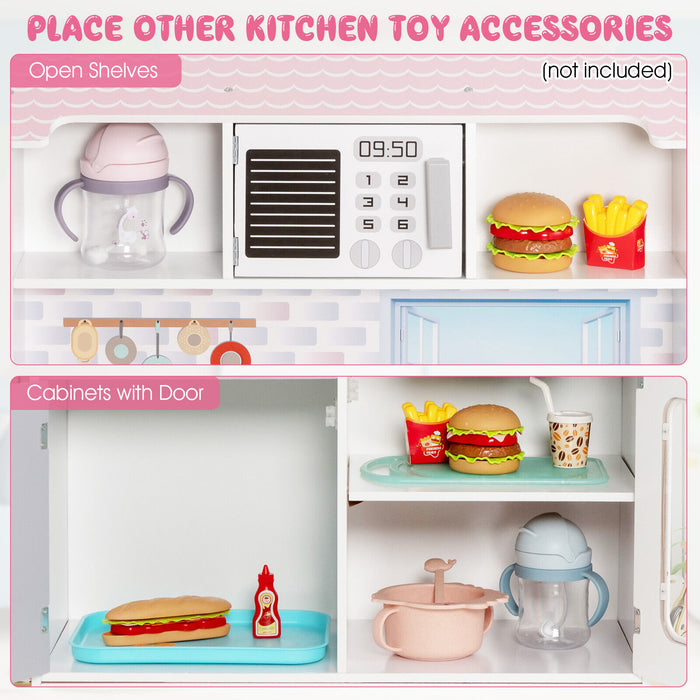 2-In-1 Double Sided Kids Kitchen Playset and Dollhouse with Furniture