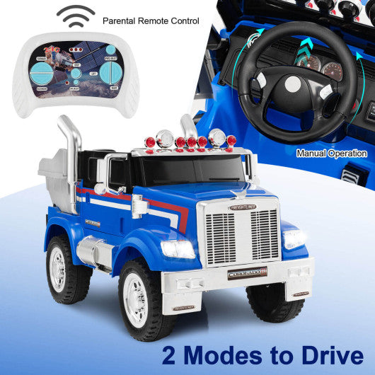 12V Licensed Freightliner Kids Ride On Truck Car with Dump Box and Lights -Blue