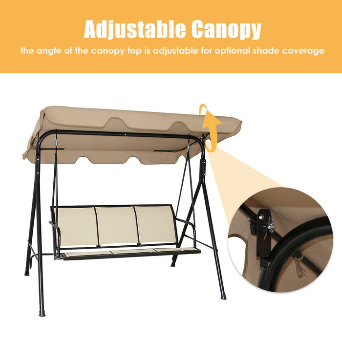 3 Person Steel Frame Patio Swing with Polyester Angle and Adjustable Canopy-Brown