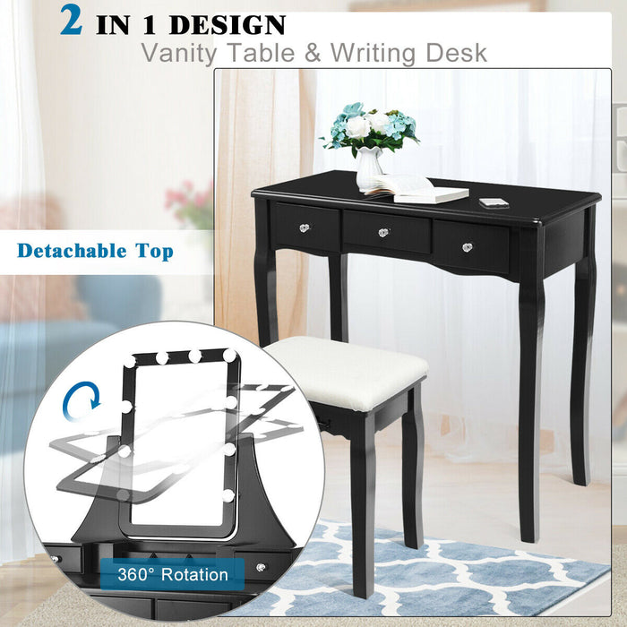 10 Dimmable Light Bulbs Vanity Dressing Table with 2 Dividers and Cushioned Stool-Black