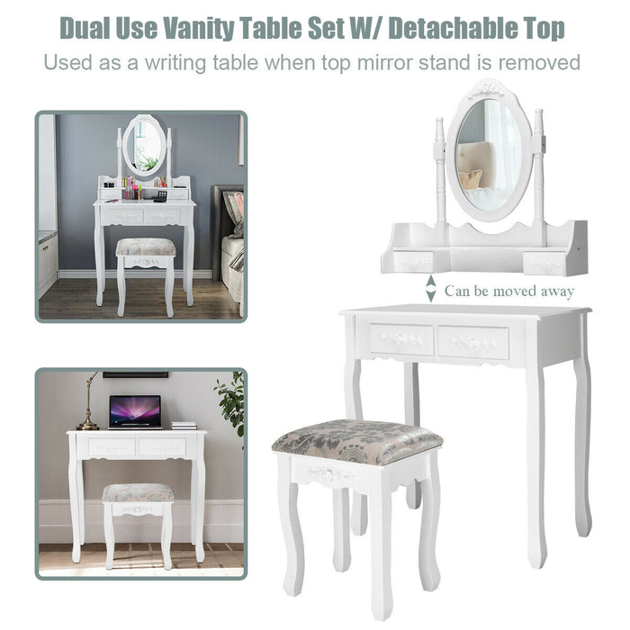 Vanity Table Set with Oval Mirror and 4 Drawers-White