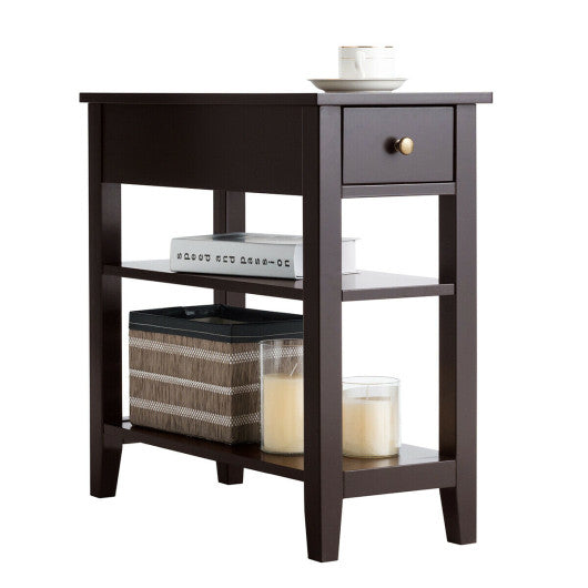 3-Tier End Table with Drawer slideway and Double Shelves-Brown