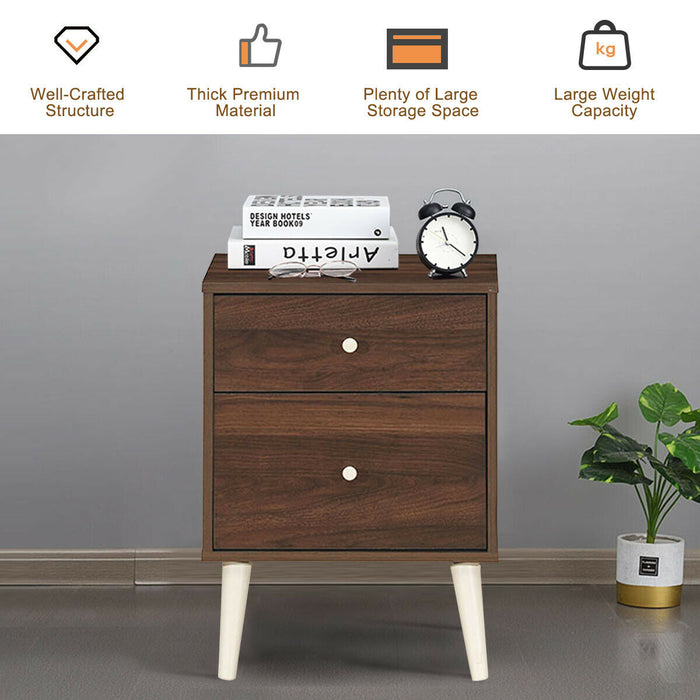 2-Drawer Nightstand Beside End Side Table with Rubber Legs-Brown