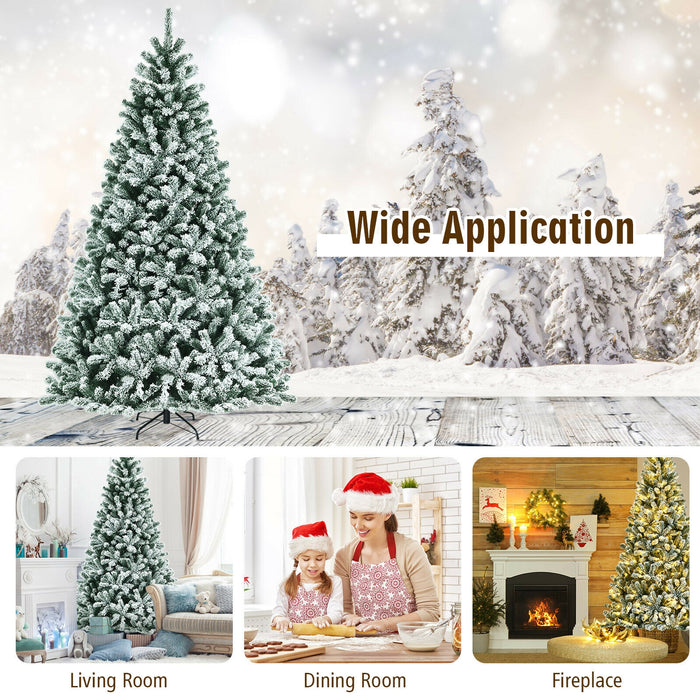 8 Feet Pre-lit Snow Flocked Christmas Tree with Tips and Metal Stand-8 ft