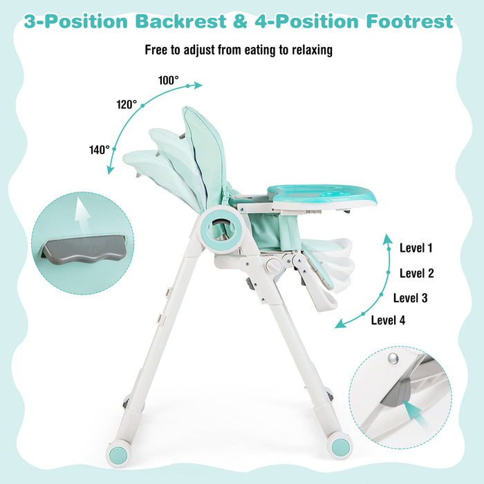 Baby High Chair Foldable Feeding Chair with 4 Lockable Wheels-Green