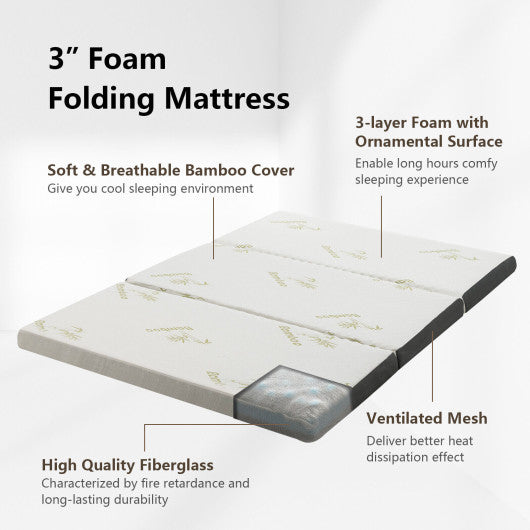 Queen 3 Inch Tri-fold Memory Foam Floor Mattress Topper Portable with Carrying Bag-L