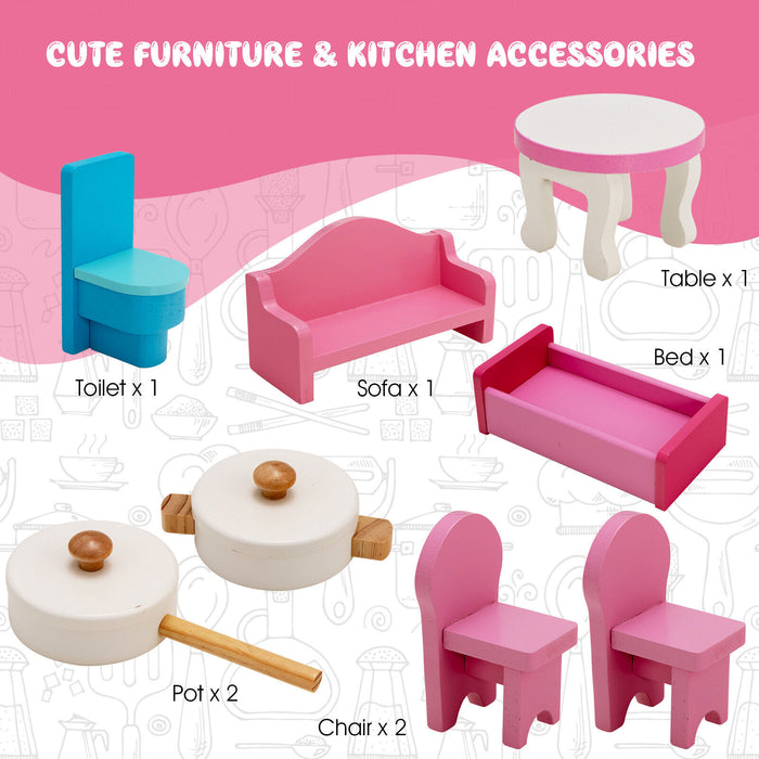 2-In-1 Double Sided Kids Kitchen Playset and Dollhouse with Furniture