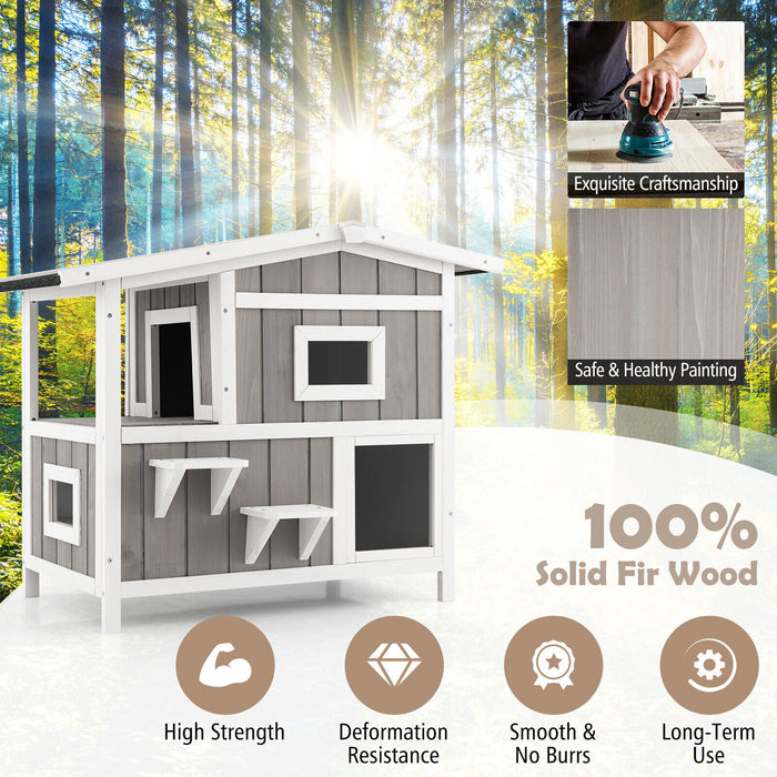 Outdoor 2-Story Wooden Feral Cat House with Escape Door-Gray