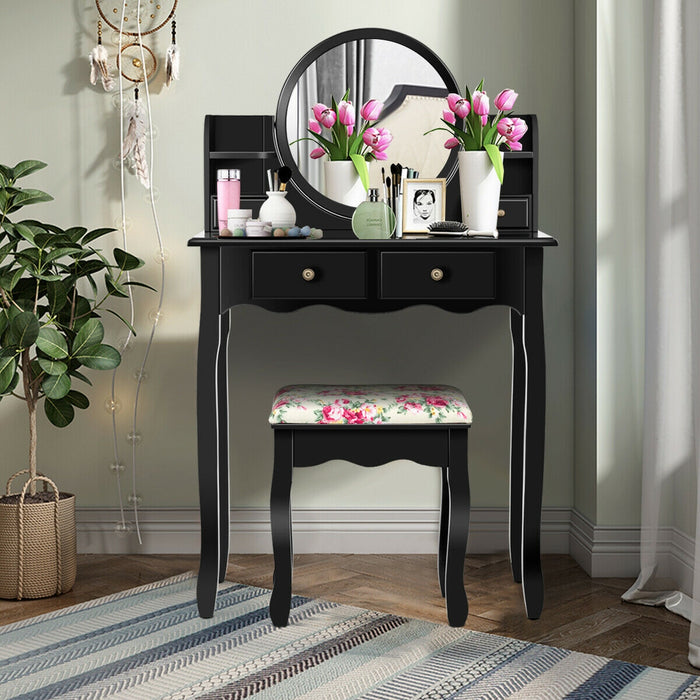 Makeup Vanity Table Set Girls Dressing Table with Drawers Oval Mirror-Black