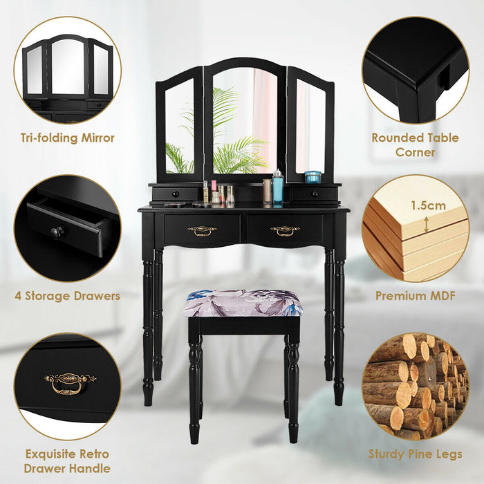 Simple Vanity Set with Tri-Folding Mirror Drawers and Storage Shelf-Black