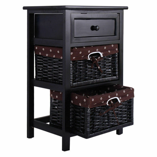 3 Tier Set of 2 Wood Nightstand with 1 and 2 Drawer -Black