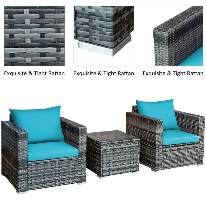 3 Pieces Patio Rattan Furniture Bistro Sofa Set with Cushioned-Turquoise