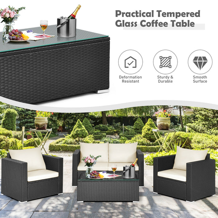 4 Pieces Patio Rattan Conversation Set with Padded Cushion and Tempered Glass Coffee Table-White