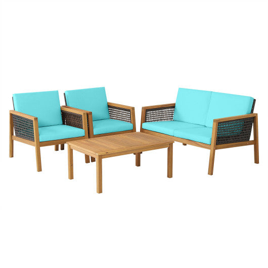 4 Pieces Patio Rattan Furniture Set with Removable Cushions-Turquoise