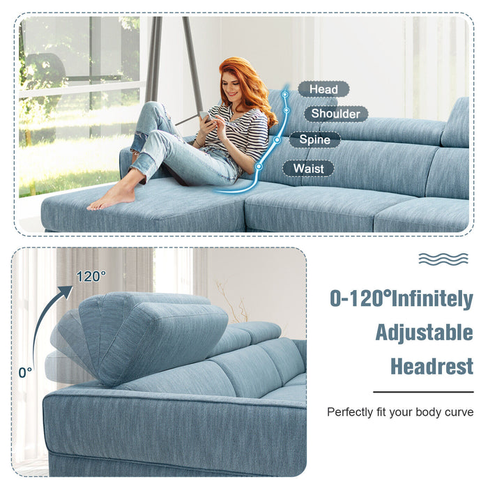 105 Inch L-Shaped Sofa Couch with 3 Adjustable Headrests-Blue