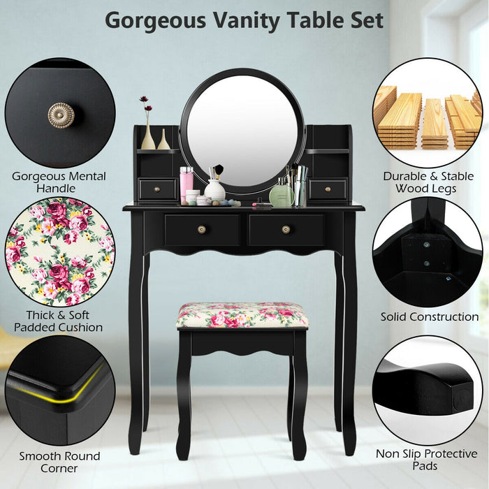 Makeup Vanity Table Set Girls Dressing Table with Drawers Oval Mirror-Black