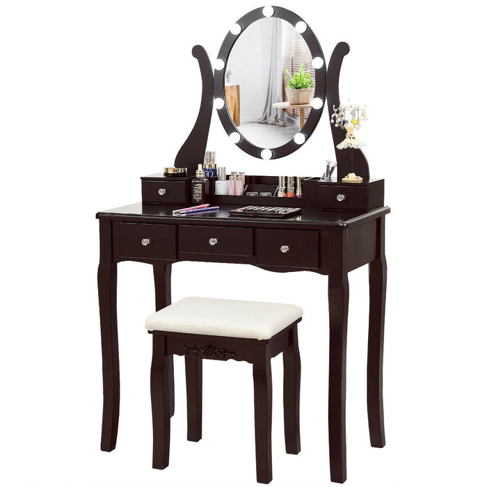 10 Dimmable Lights Vanity Table Set with Lighted Mirror and Cushioned Stool-Coffee