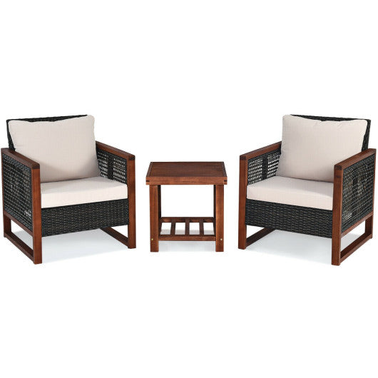 3 Pieces Patio Wicker Furniture Set with Washable Cushion and Acacia Wood Coffee Table-Beige