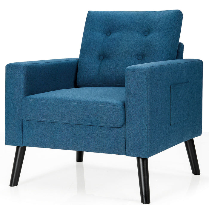 Mid-Century Upholstered Armchair Club Chair with Rubber Wood Legs-Blue