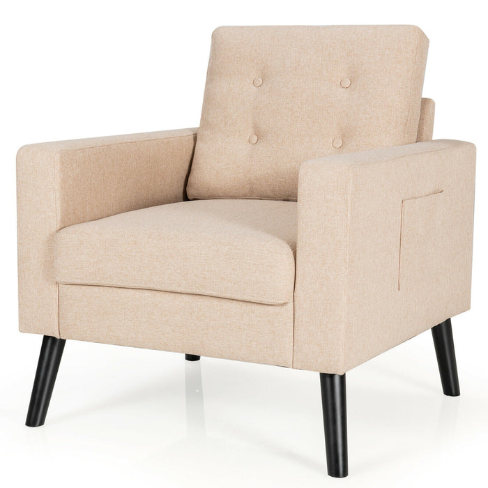 Mid-Century Upholstered Armchair Club Chair with Rubber Wood Legs-Beige