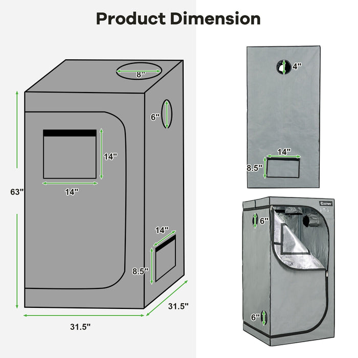 32 x 32 x 63 Inch Mylar Hydroponic Grow Tent with Observation Window and Floor Tray-Gray