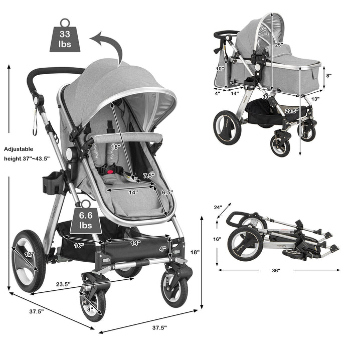 Folding Aluminum Baby Stroller Baby Jogger with Diaper Bag-Gray