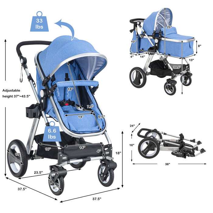 Folding Aluminum Baby Stroller Baby Jogger with Diaper Bag-Blue