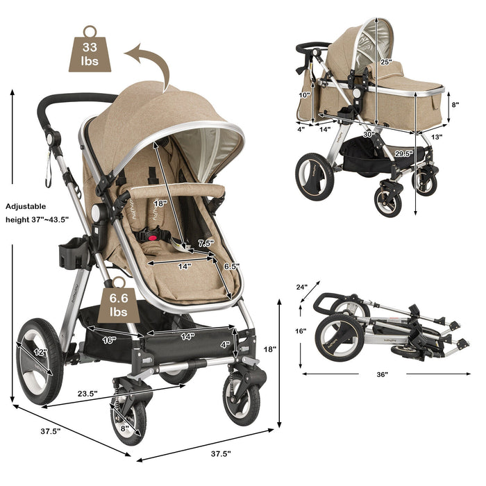 Folding Aluminum Baby Stroller Baby Jogger with Diaper Bag-Beige