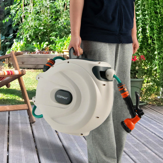 Retractable Hose Reel Wall Mounted 1/2 Inch 98 Feet Any Length Lock with Hose Nozzle