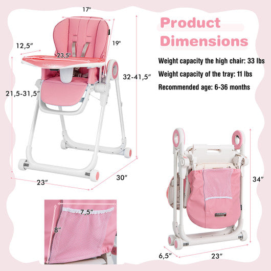 Baby High Chair Foldable Feeding Chair with 4 Lockable Wheels-Pink