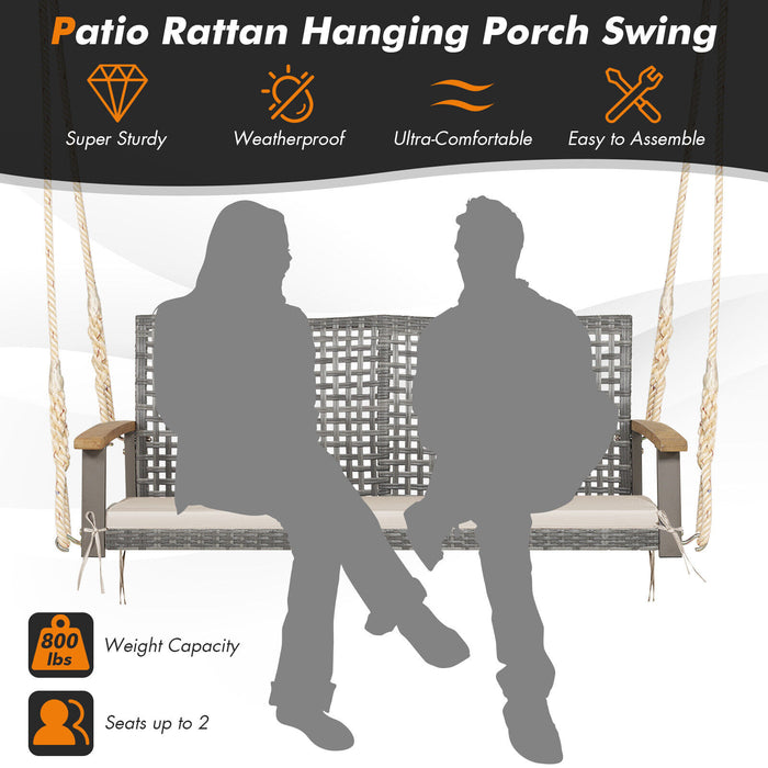 2-Person Patio Wicker Hanging Swing Chair-Off White