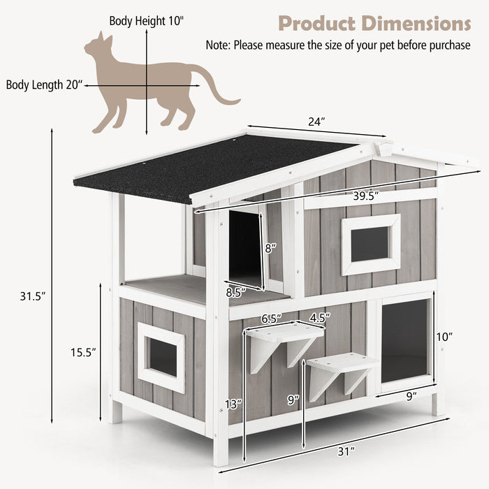 Outdoor 2-Story Wooden Feral Cat House with Escape Door-Gray