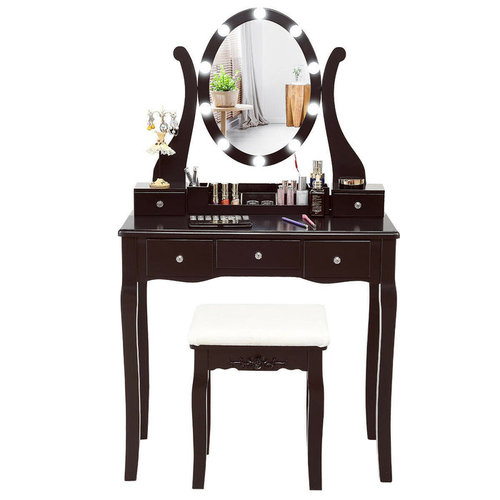 10 Dimmable Lights Vanity Table Set with Lighted Mirror and Cushioned Stool-Coffee