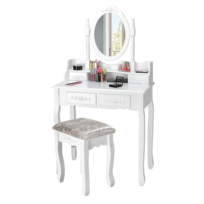 Vanity Table Set with Oval Mirror and 4 Drawers-White