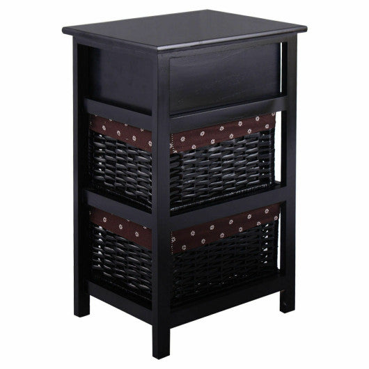 3 Tier Set of 2 Wood Nightstand with 1 and 2 Drawer -Black