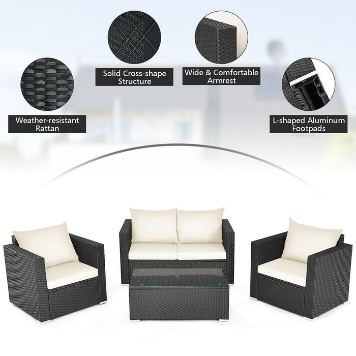 4 Pieces Patio Rattan Conversation Set with Padded Cushion and Tempered Glass Coffee Table-White