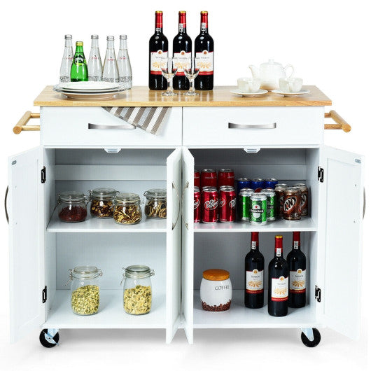 Wood Top Rolling Kitchen Trolley Island Cart Storage Cabinet-White