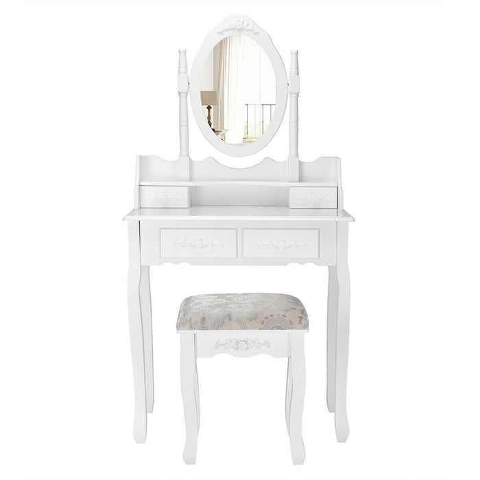 Vanity Table Set with Oval Mirror and 4 Drawers-White