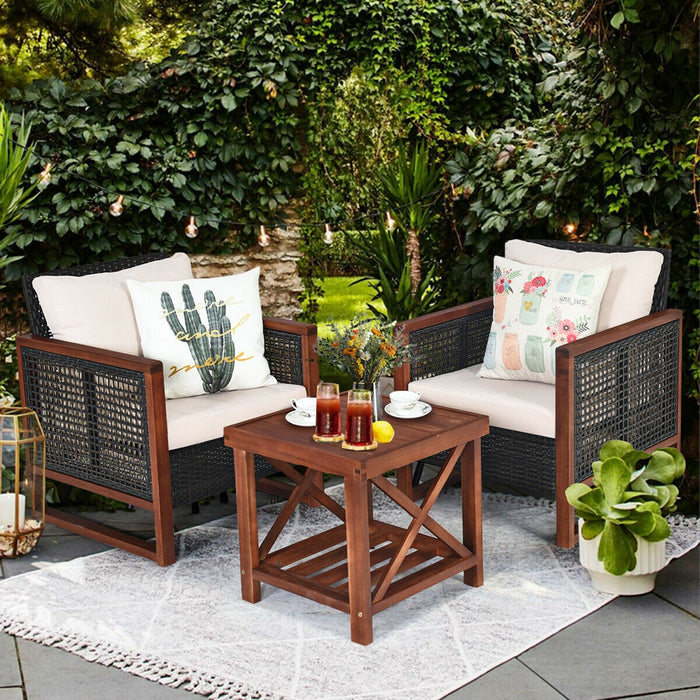 3 Pieces Patio Wicker Furniture Set with Washable Cushion and Acacia Wood Coffee Table-Beige