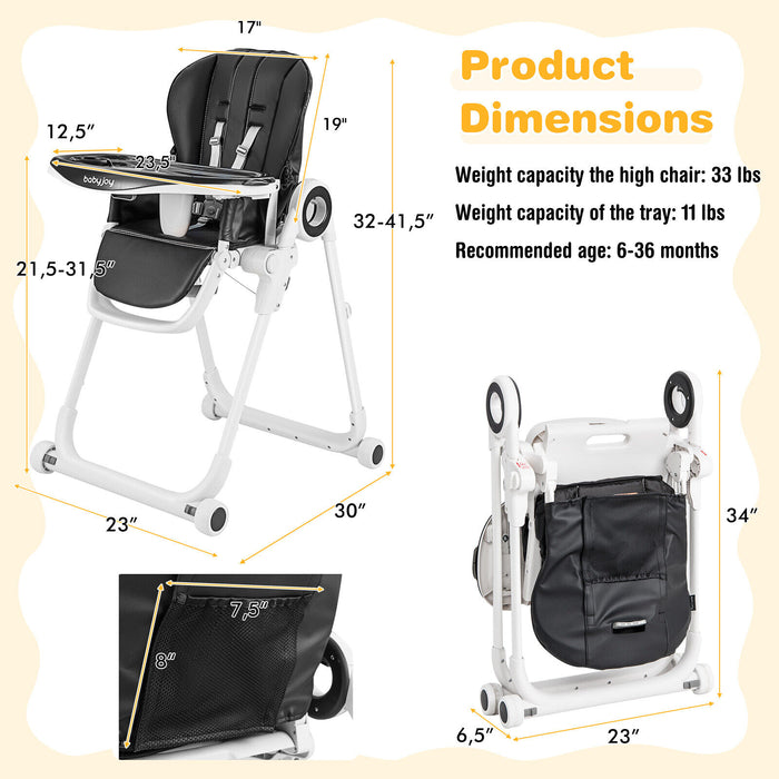 Baby High Chair Foldable Feeding Chair with 4 Lockable Wheels-Black