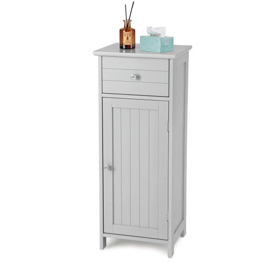 Wooden Bathroom Floor Storage Cabinet with Drawer and Shelf-Gray