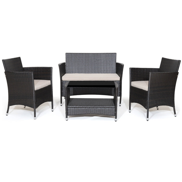 4 Pieces Patio Conversation Set with Soft Cushions and Tempered Glass Tabletop