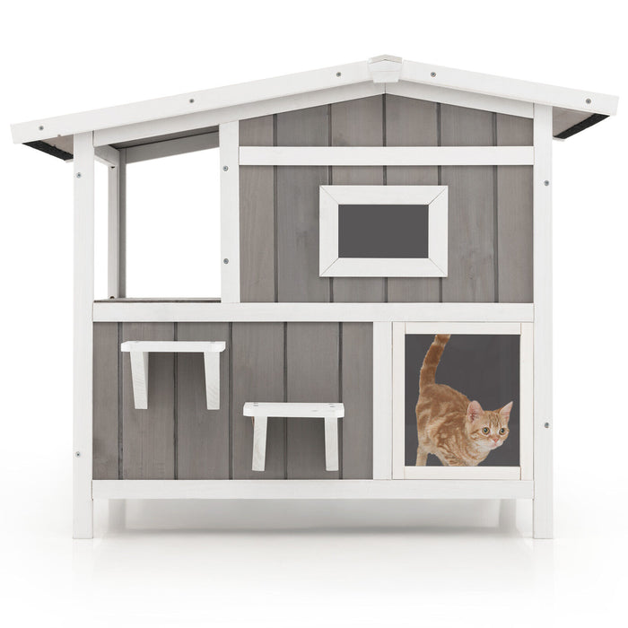 Outdoor 2-Story Wooden Feral Cat House with Escape Door-Gray