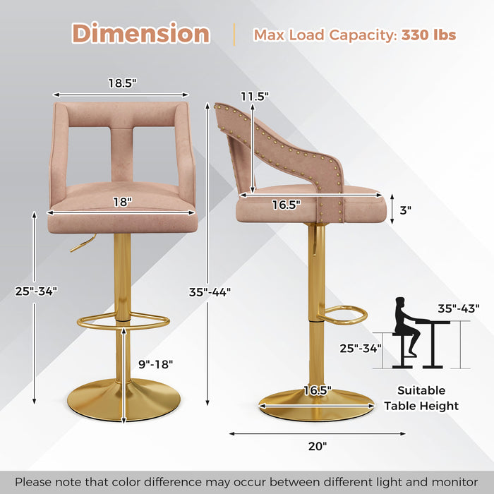 Set of 2 Bar Chairs with Footrest and 2-Layer Electroplated Metal Base-Pink