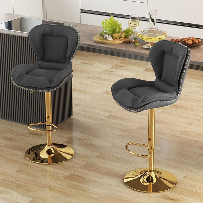 Set of 2 Swivel Bar Stools PU Leather Bar Chairs with Footrest and Curved Backrest-Gray